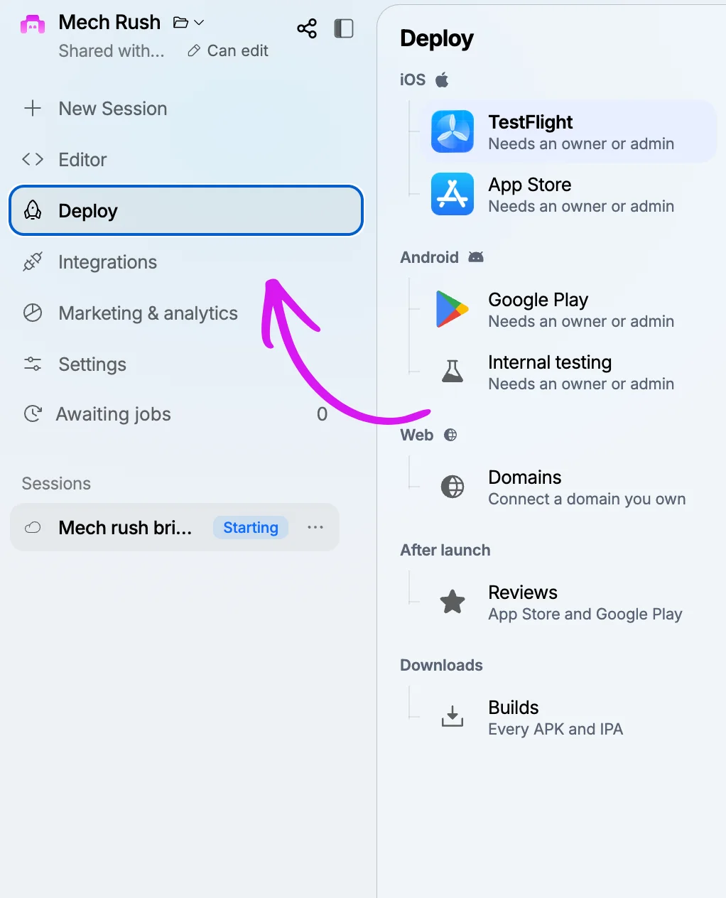 The Newly Deploy menu with TestFlight, App Store, Google Play and internal testing options.