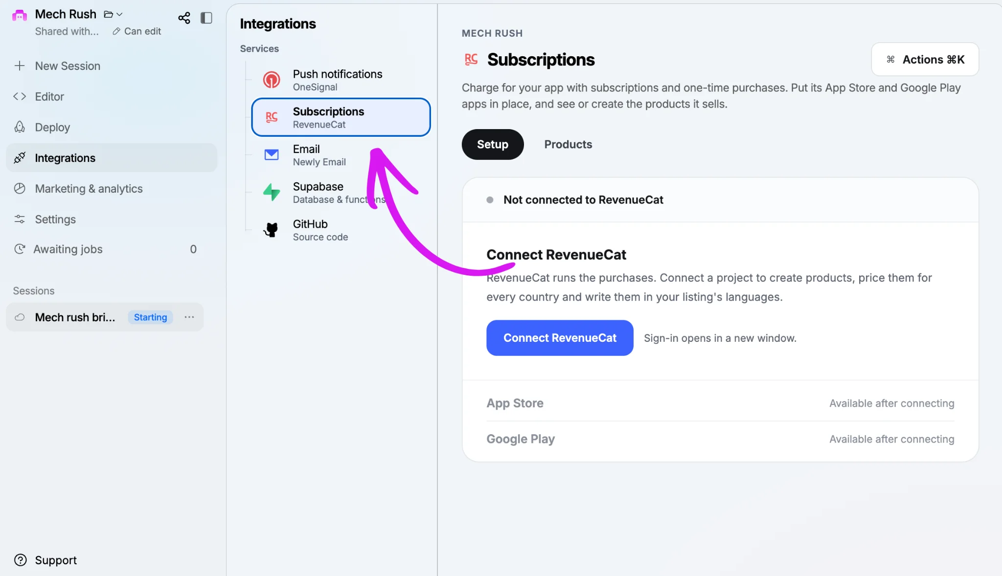 Newly’s Subscriptions integration with the Connect RevenueCat button.