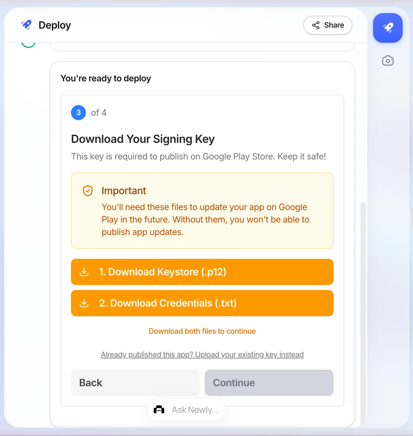 Newly's AAB wizard at the signing key step with two download buttons and a warning