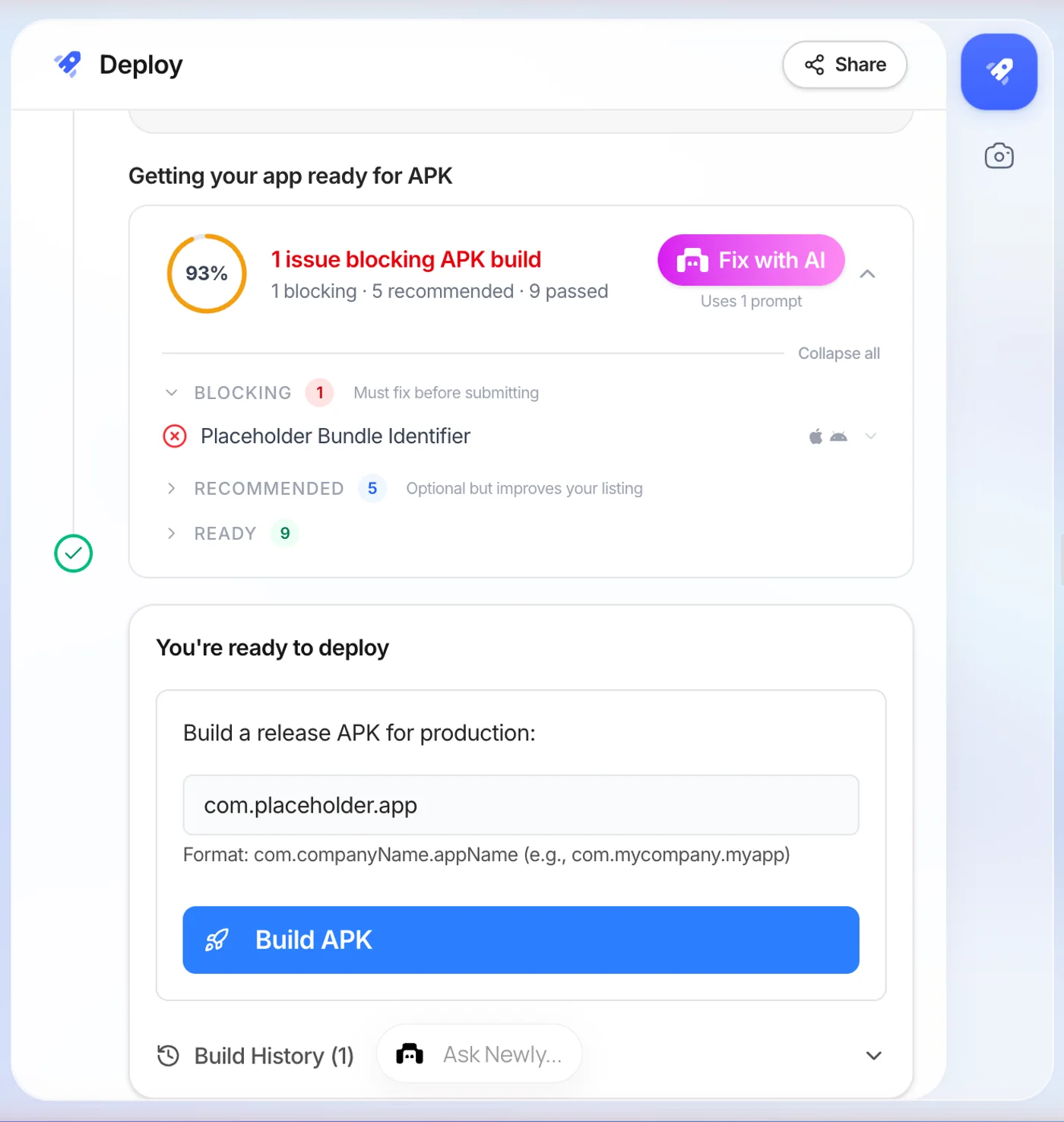 Newly Deploy panel with APK selected and the release build form: a bundle identifier field showing com.placeholder.app and a blue Build APK button