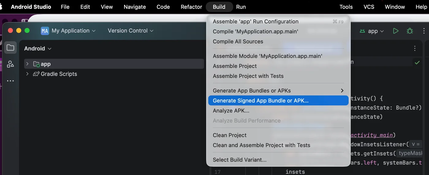 Android Studio Quail 4 with the Build menu open and Generate Signed App Bundle or APK highlighted, directly below Generate App Bundles or APKs