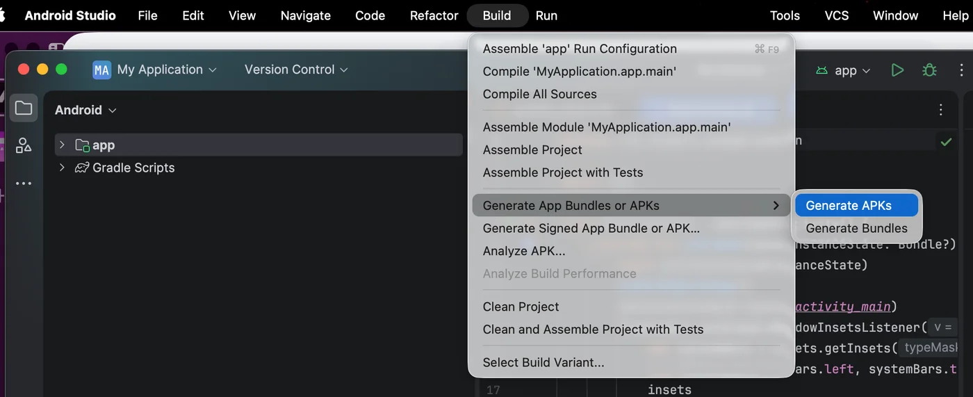 Android Studio Build menu with Generate App Bundles or APKs expanded and Generate APKs highlighted
