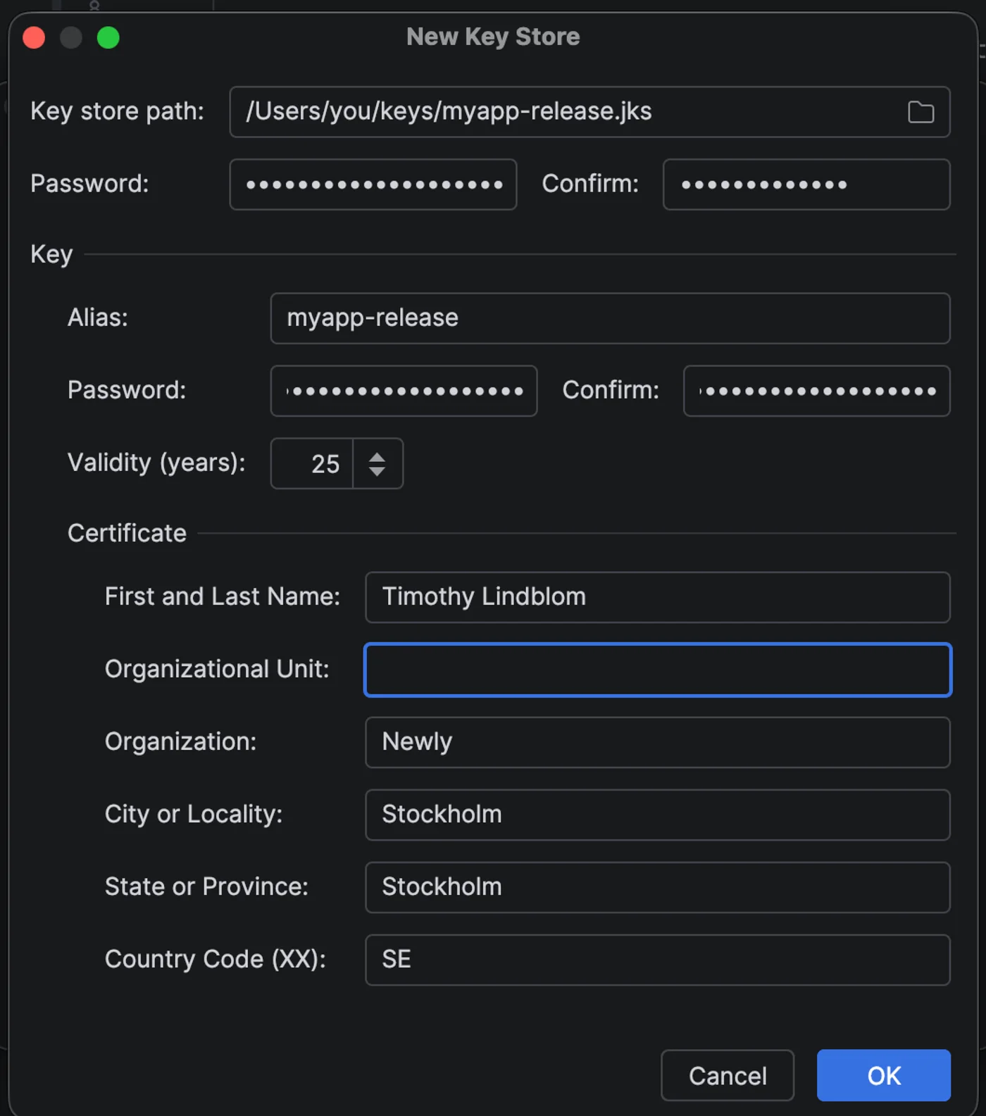 The New Key Store dialog in Android Studio: key store path ending in .jks, alias myapp-release, validity 25 years, and the certificate fields filled in