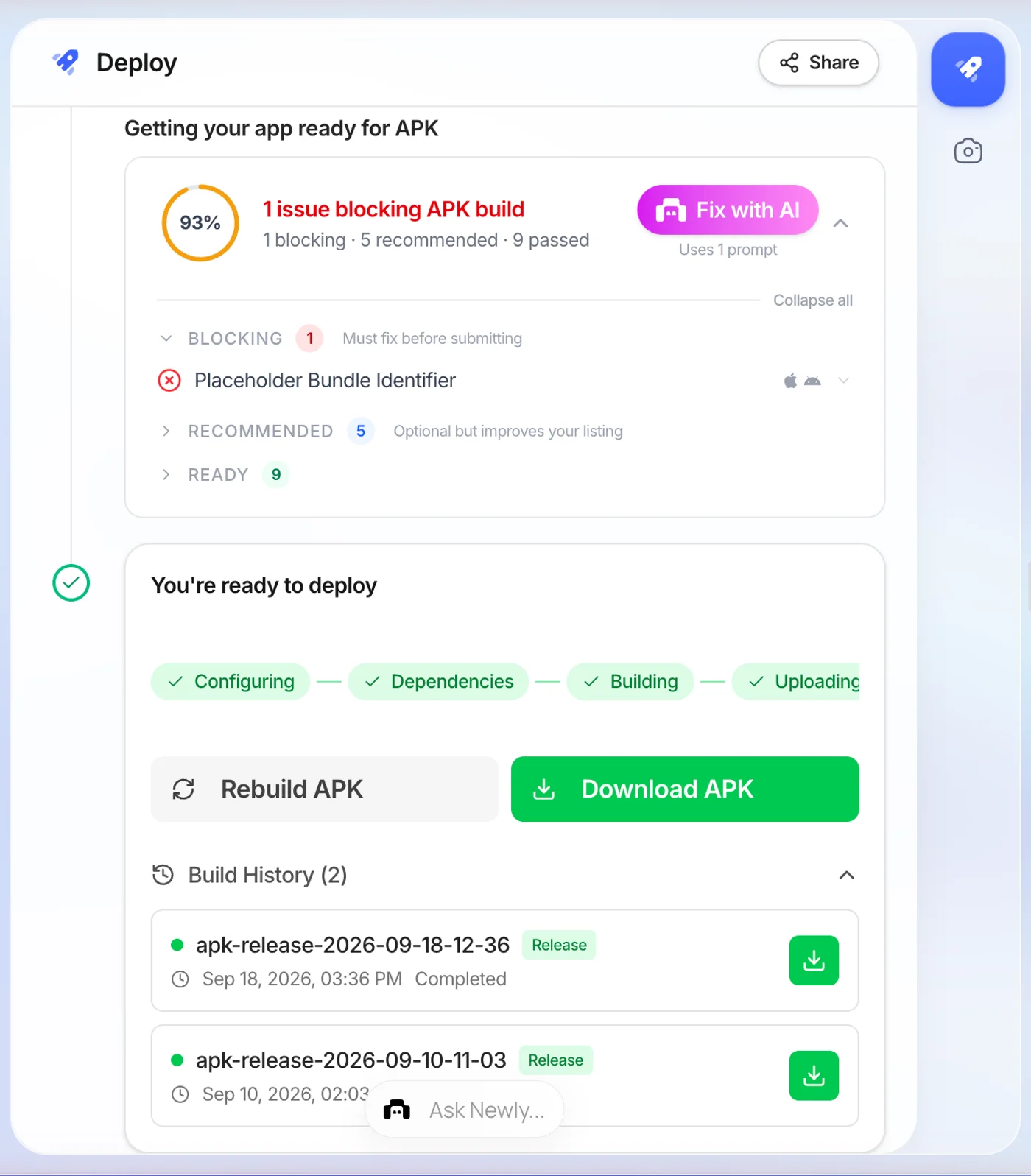 Newly's finished build state with Rebuild APK and Download APK buttons and the build history open