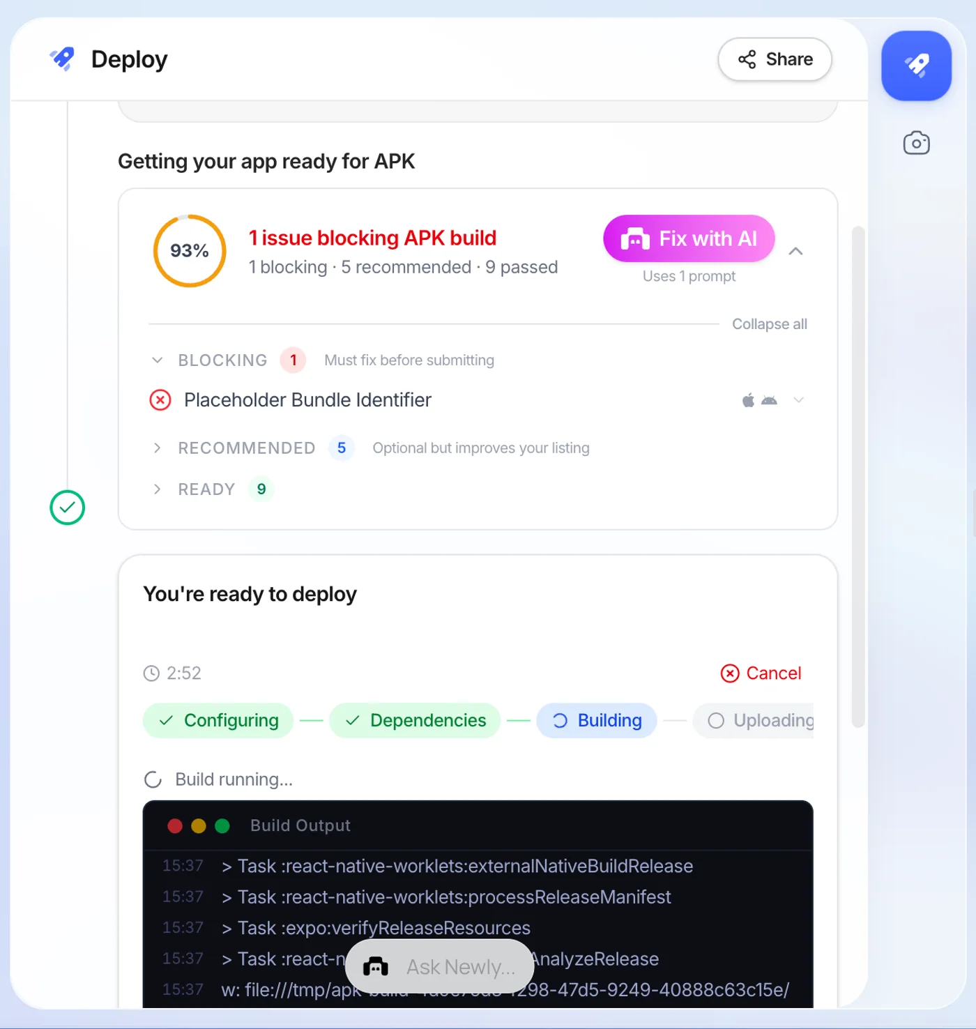 A Newly APK build two minutes fifty-two seconds in: Configuring and Dependencies done, Building in progress, Gradle tasks scrolling in the build output