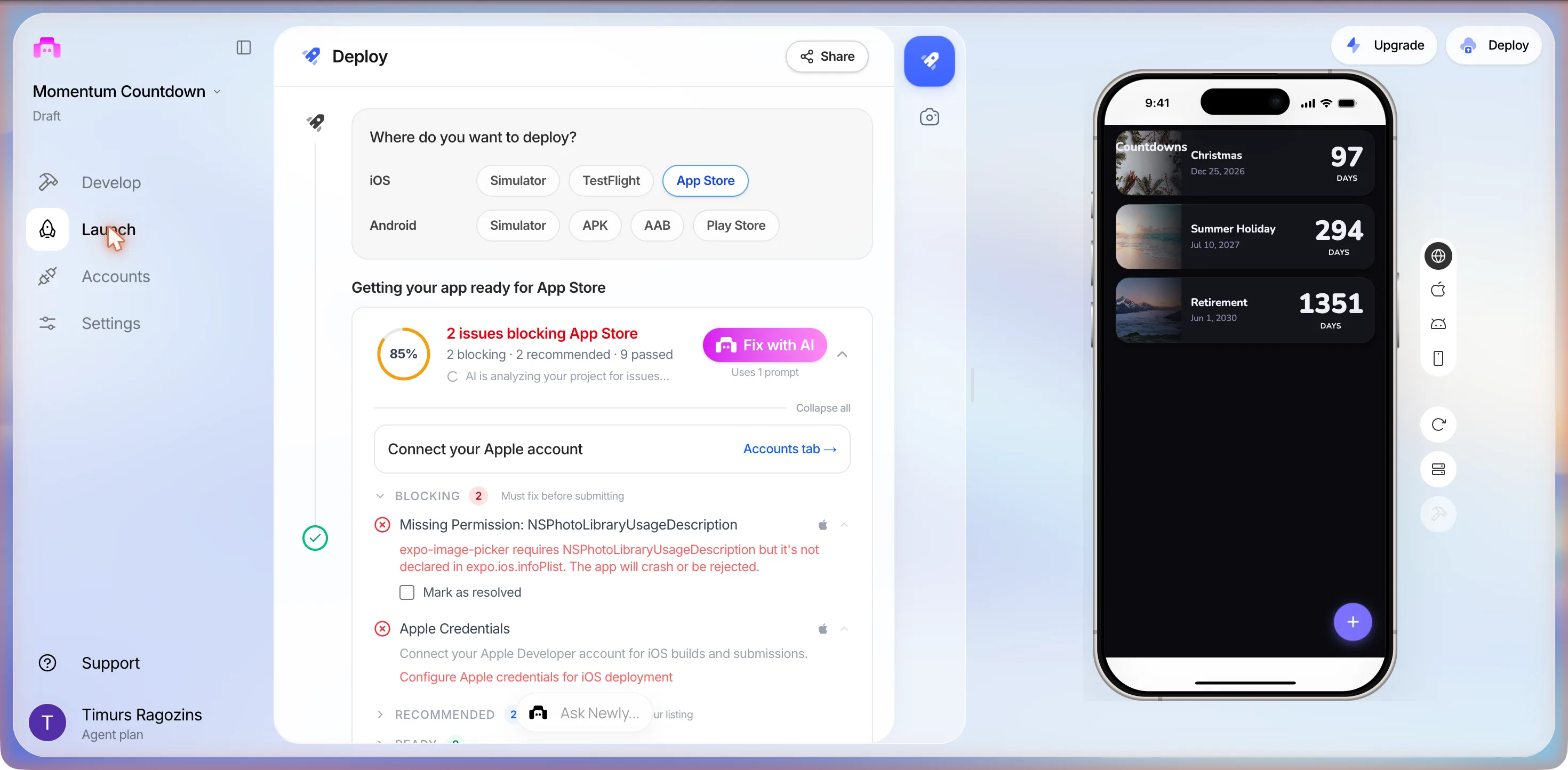 The Deploy panel: Where do you want to deploy with iOS and Android targets, App Store selected, an 85% ring, 2 issues blocking App Store, a Fix with AI button labelled Uses 1 prompt, a Connect your Apple account row, and the blockers Missing Permission NSPhotoLibraryUsageDescription and Apple Credentials
