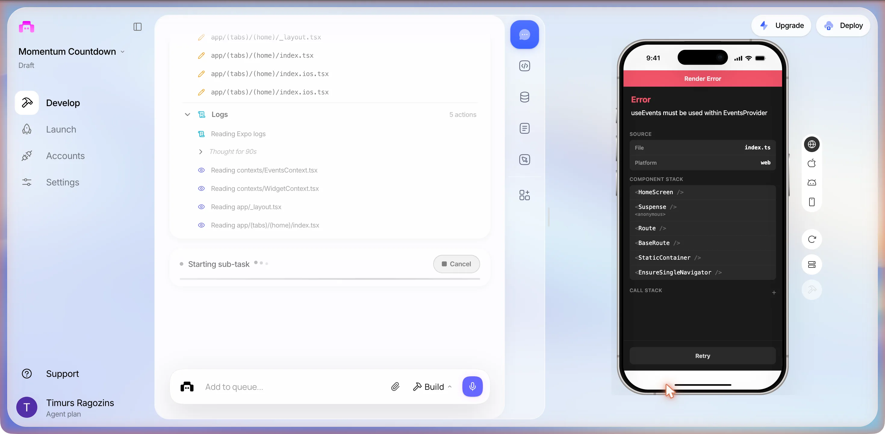 The phone preview with a red Render Error bar, the message useEvents must be used within EventsProvider, a component stack from HomeScreen down to EnsureSingleNavigator and a Retry button, while the chat column shows a Logs section with Reading Expo logs and Thought for 90s