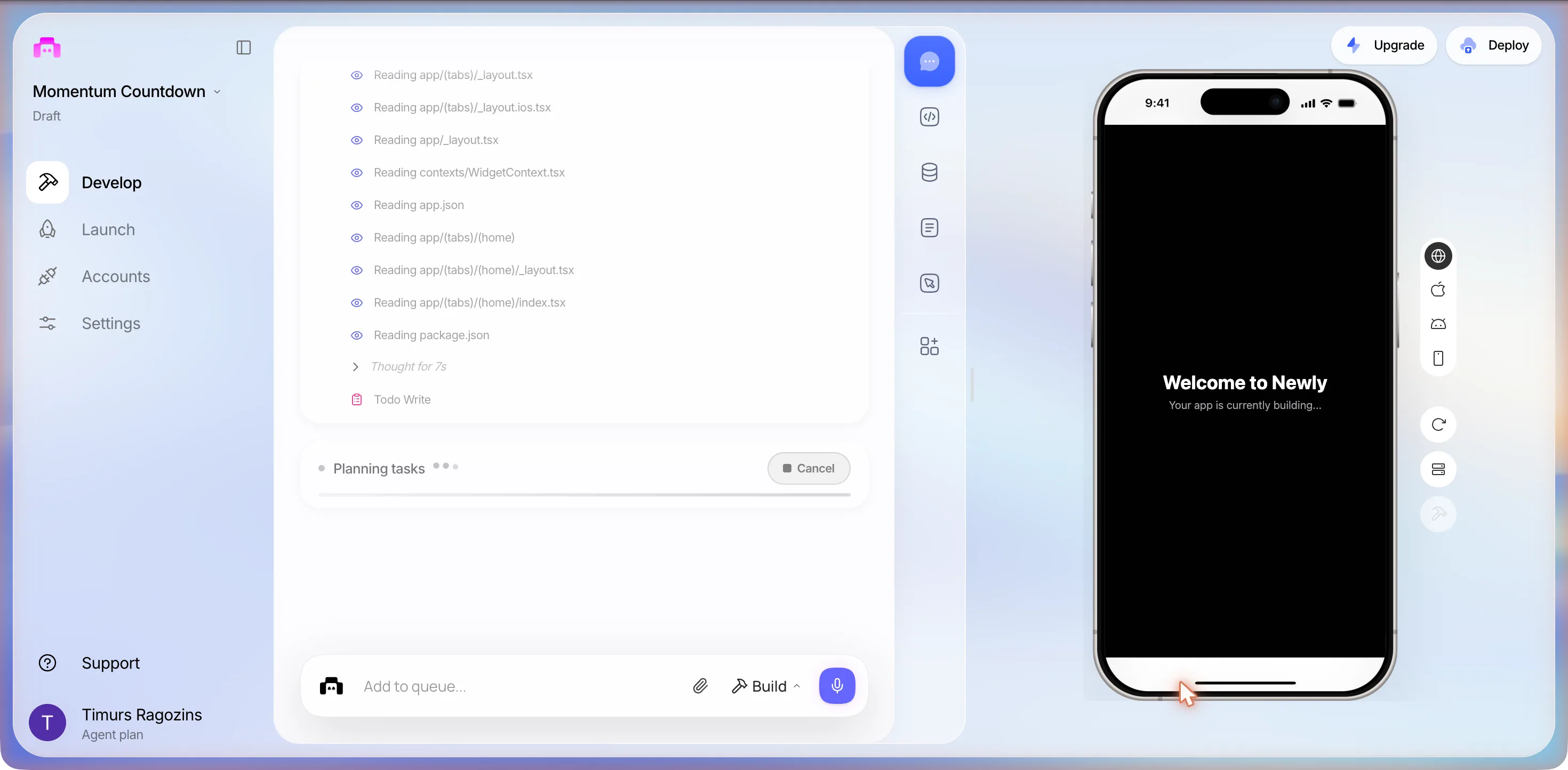 The project page mid-build: a list of Reading rows ending in package.json, Thought for 7s, Todo Write, a Planning tasks status row with a Cancel button, and a black phone preview reading Your app is currently building