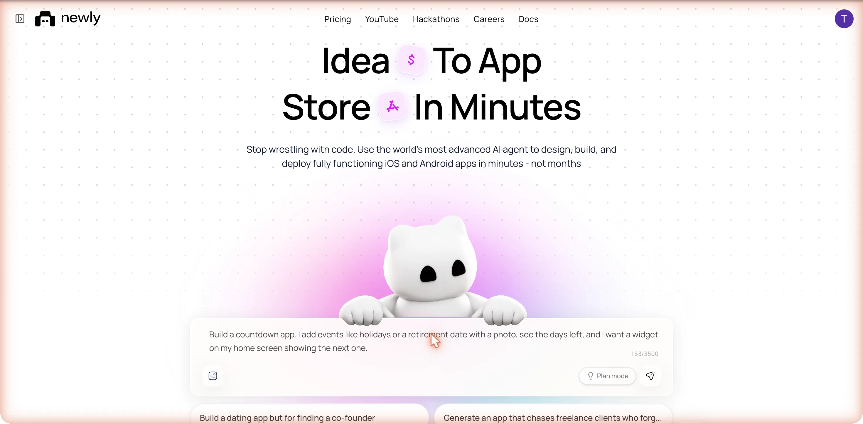 The home page prompt box with the countdown app brief typed in, a 163/3500 counter, a Plan mode toggle, an image attach button and a send button