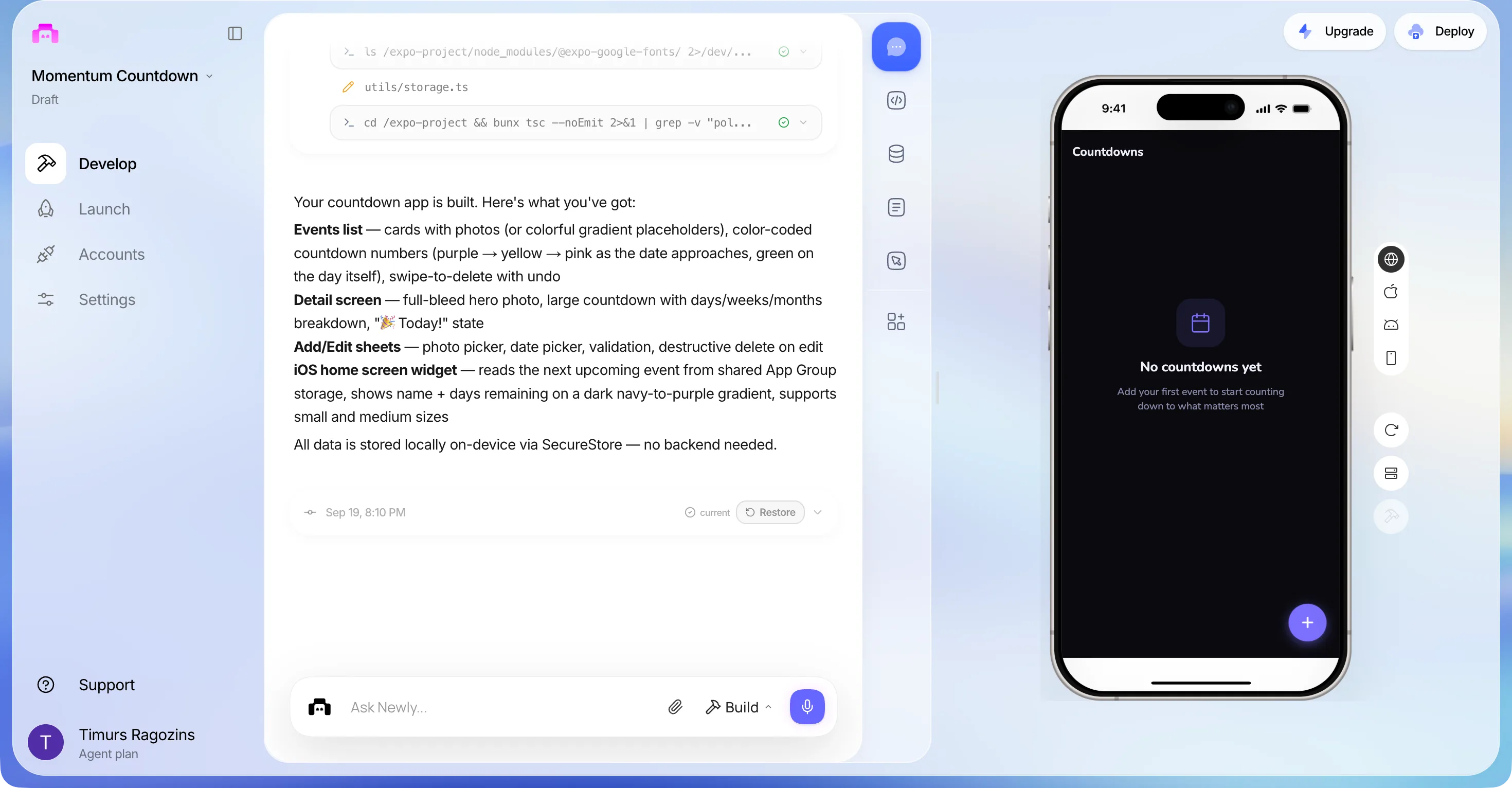 The finished first build: the closing summary listing events list, detail screen, add and edit sheets and iOS home screen widget, and the phone preview showing an empty Countdowns screen with a calendar icon, No countdowns yet, and a purple plus button