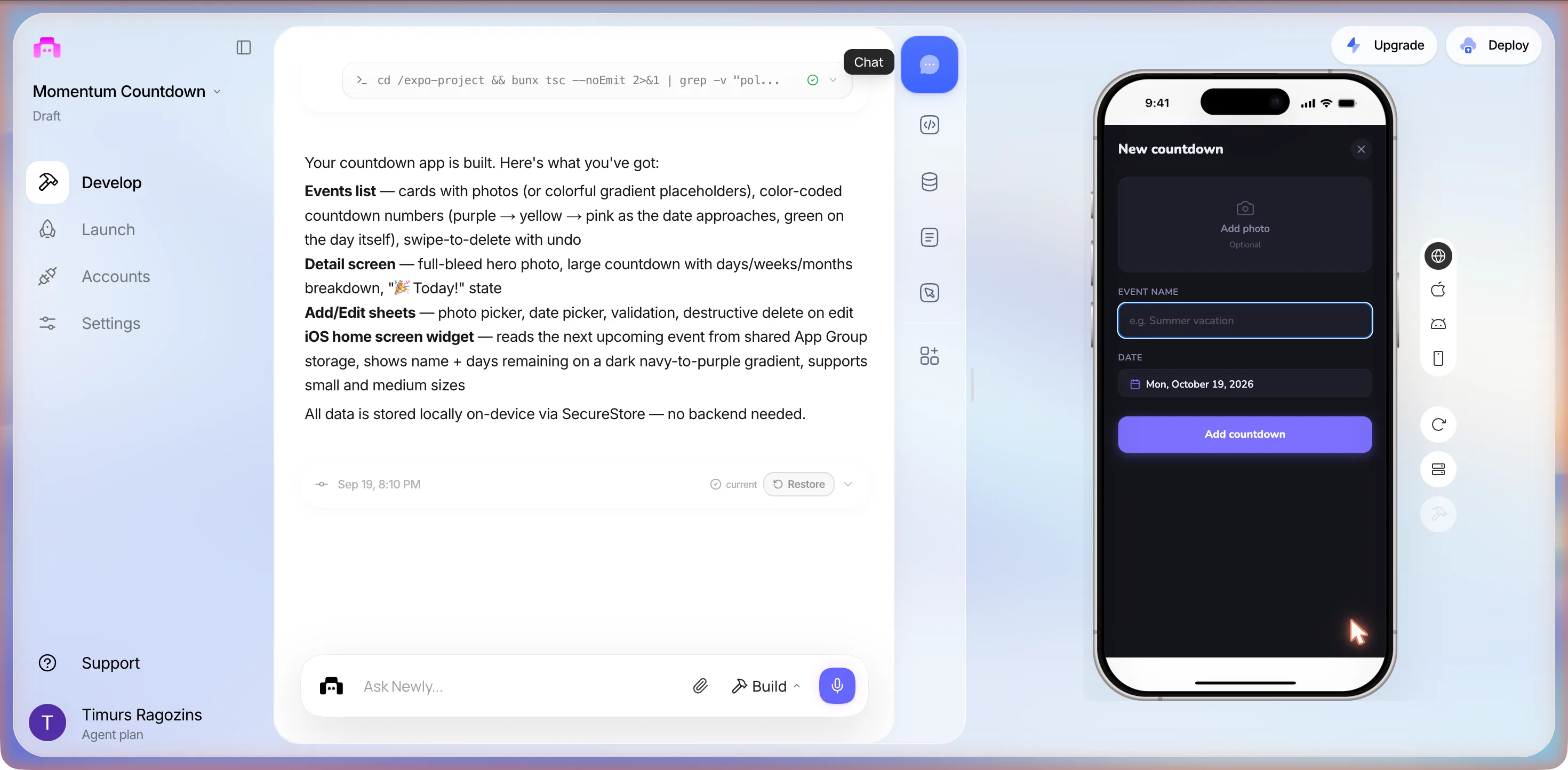 The New countdown sheet inside the phone preview: a dashed Add photo box marked Optional, an EVENT NAME field with placeholder e.g. Summer vacation, a DATE row reading Mon, October 19, 2026, and a purple Add countdown button