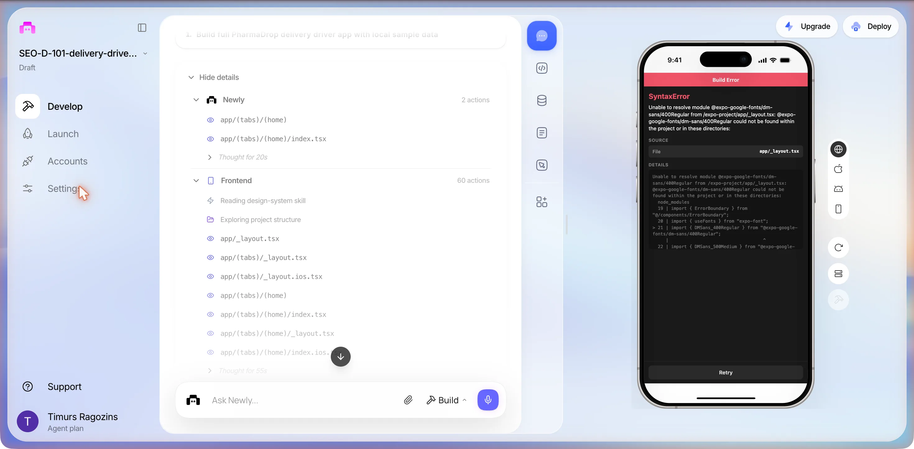 The editor with the project reopened: the header reads SEO-D-101-delivery-drive, the chat column shows the earlier build log with a Frontend section of 60 actions, and the phone preview shows Build Error, SyntaxError, Unable to resolve module @expo-google-fonts/dm-sans/400Regular from /expo-project/app/_layout.tsx, with line 21 highlighted and a Retry button