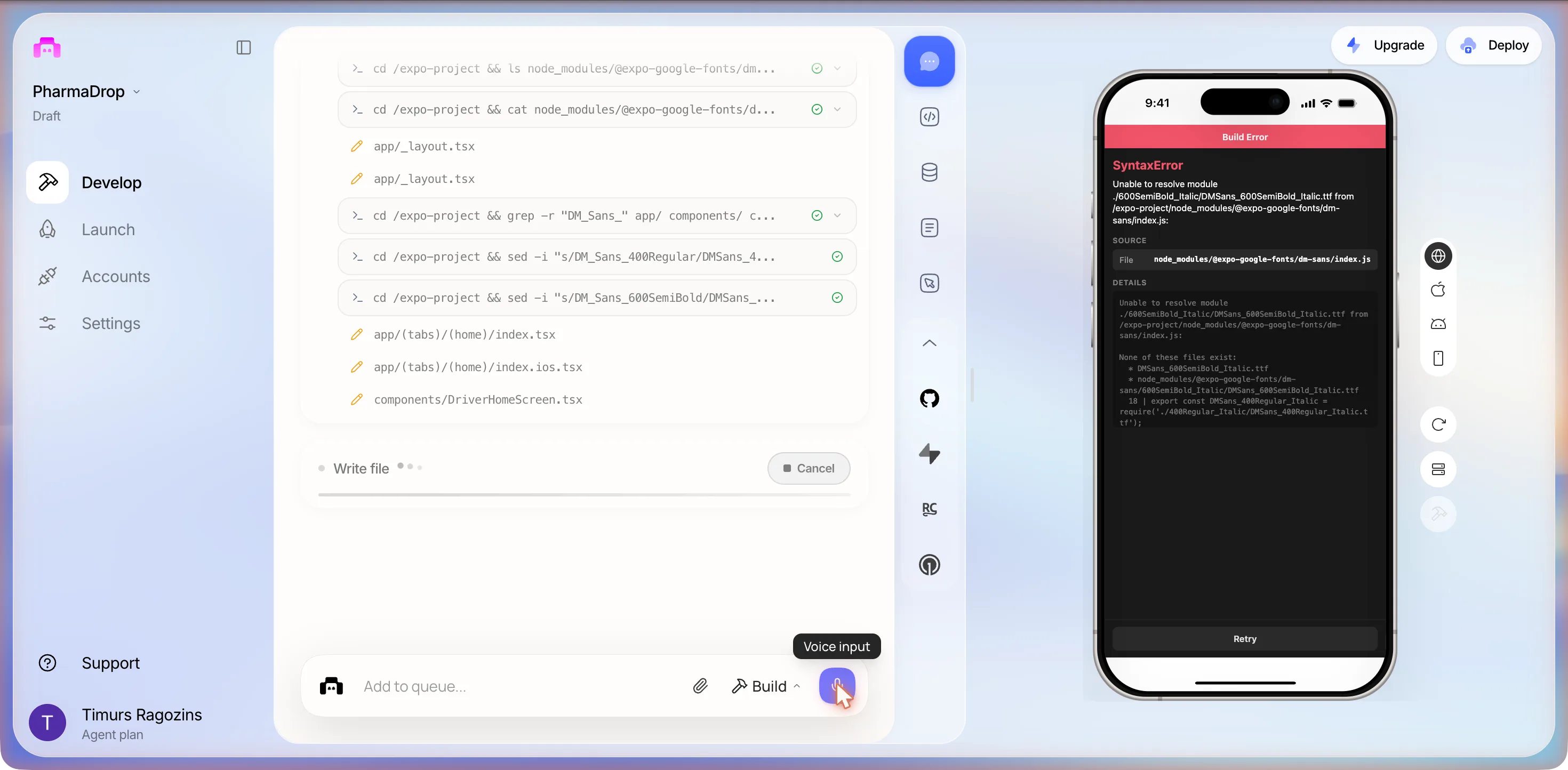 The editor with a red Build Error on the phone preview reading SyntaxError, Unable to resolve module ./600SemiBold_Italic/DMSans_600SemiBold_Italic.ttf from node_modules/@expo-google-fonts/dm-sans/index.js, with a Retry button; the log on the left shows ls, cat, grep and two sed -i shell rows and edits to app/_layout.tsx