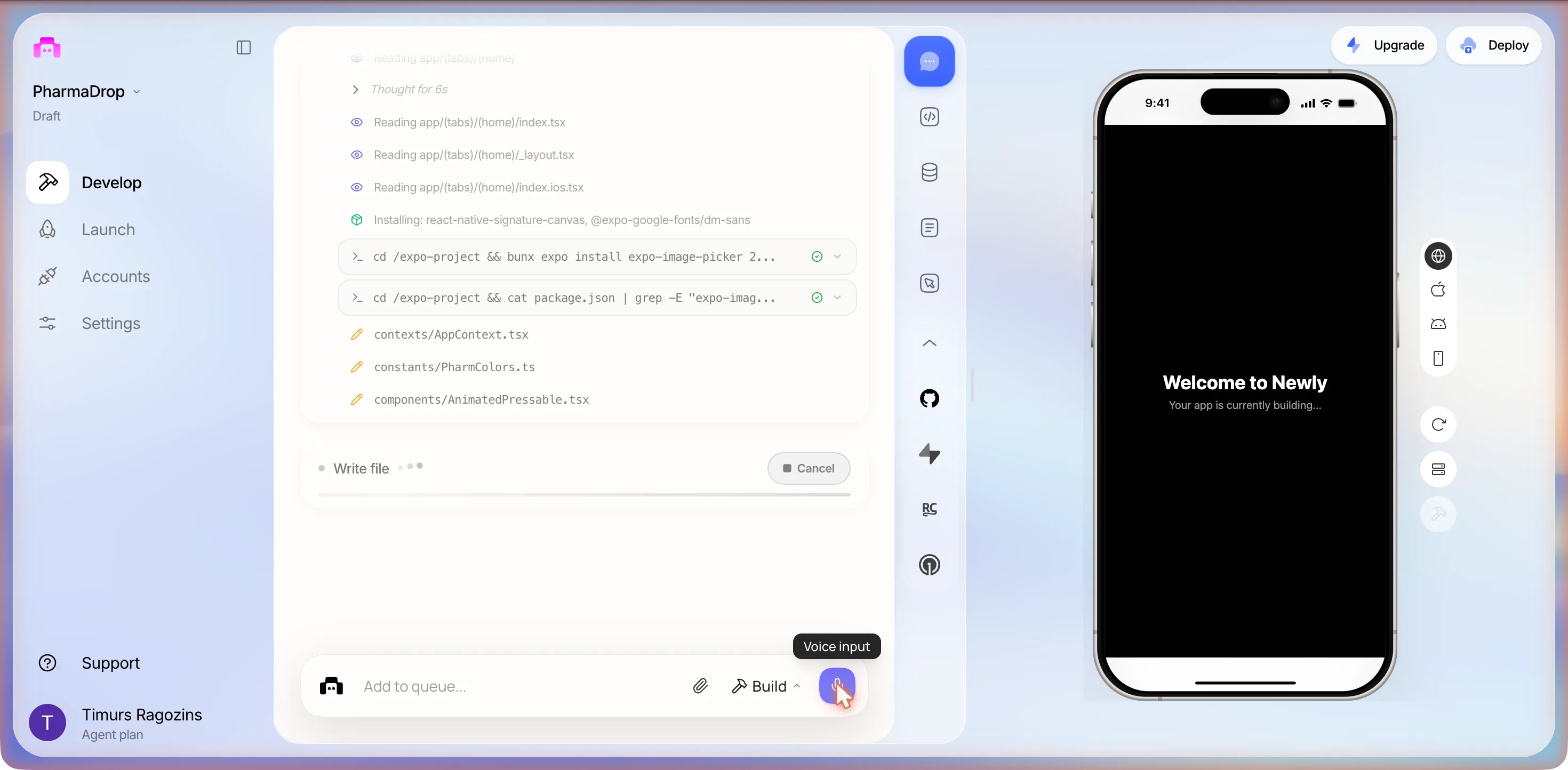The build log mid-way through prompt 2: Installing react-native-signature-canvas and @expo-google-fonts/dm-sans, two shell rows installing and checking expo-image-picker with green ticks, then contexts/AppContext.tsx, constants/PharmColors.ts and components/AnimatedPressable.tsx being written; the status row reads Write file and the phone still reads Your app is currently building