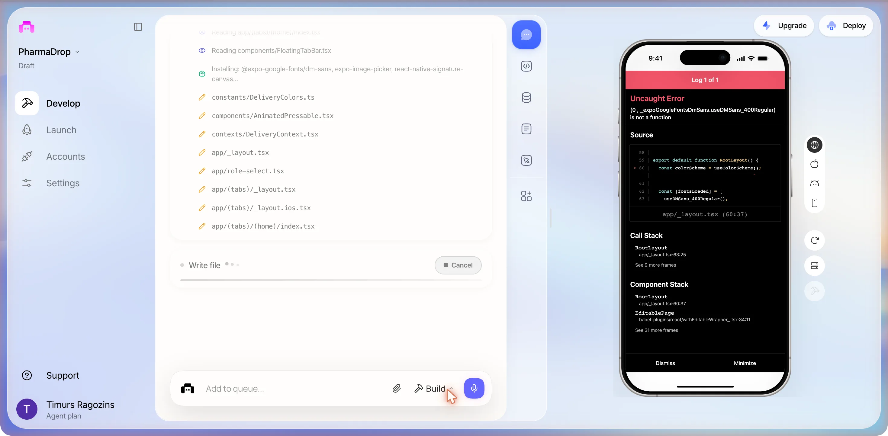 The editor with the build log writing app/_layout.tsx, app/role-select.tsx, the tab layouts and app/(tabs)/(home)/index.tsx, and the phone preview showing a Log 1 of 1 overlay: Uncaught Error, (0 , _expoGoogleFontsDmSans.useDMSans_400Regular) is not a function, a source excerpt of app/_layout.tsx around line 60 with useDMSans_400Regular(), a call stack and component stack, and Dismiss and Minimize buttons
