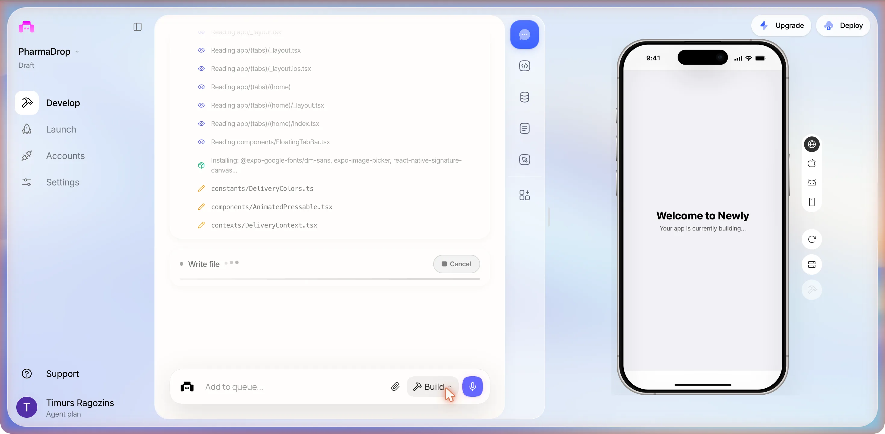 The build log in the third session: Reading rows for the tab layouts and components/FloatingTabBar.tsx, an Installing row naming @expo-google-fonts/dm-sans, expo-image-picker and react-native-signature-canvas, then constants/DeliveryColors.ts, components/AnimatedPressable.tsx and contexts/DeliveryContext.tsx being written; the status row reads Write file and the phone preview reads Your app is currently building