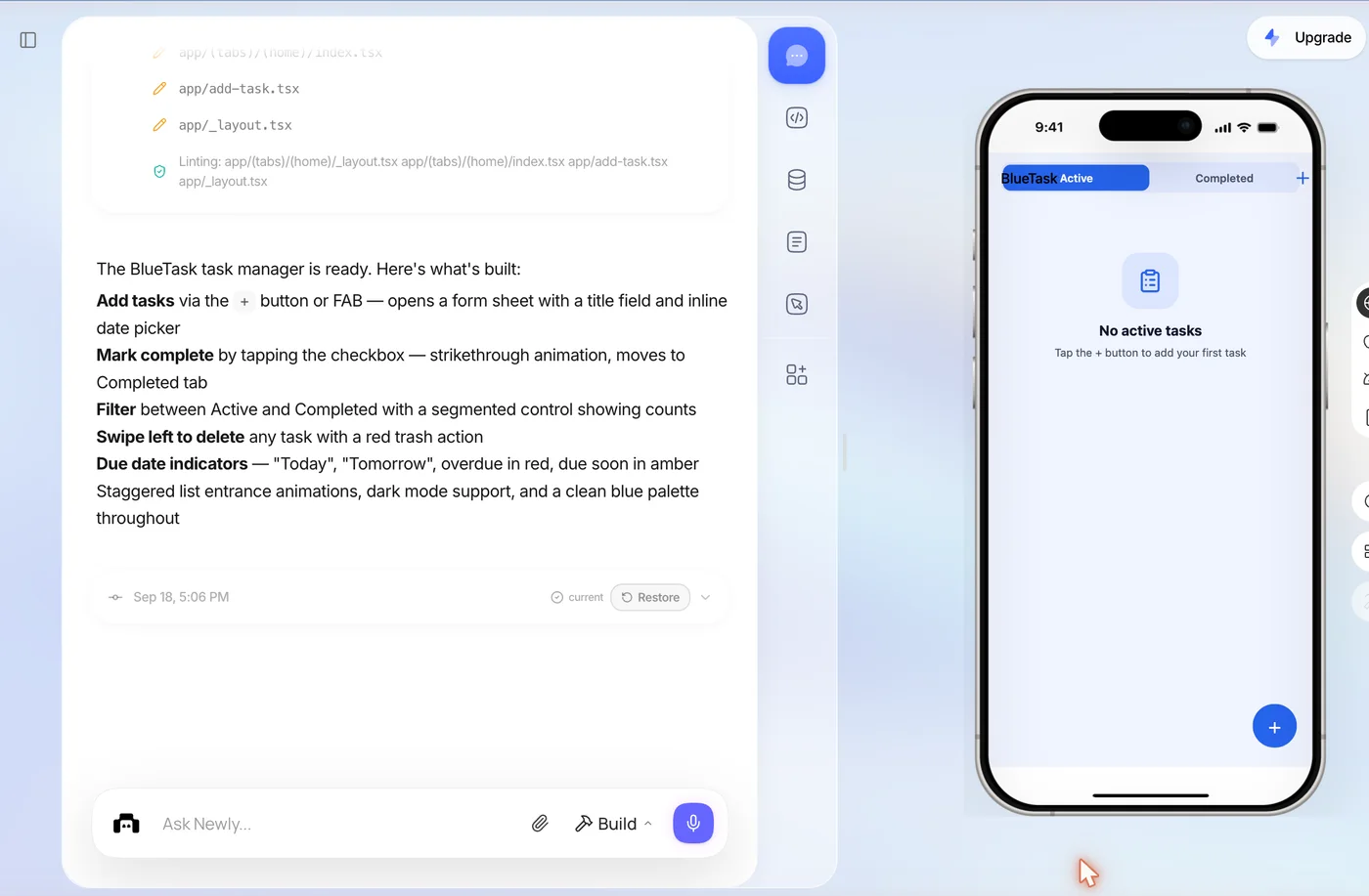 The Newly editor with the build summary on the left and the phone preview on the right showing the generated task list screen