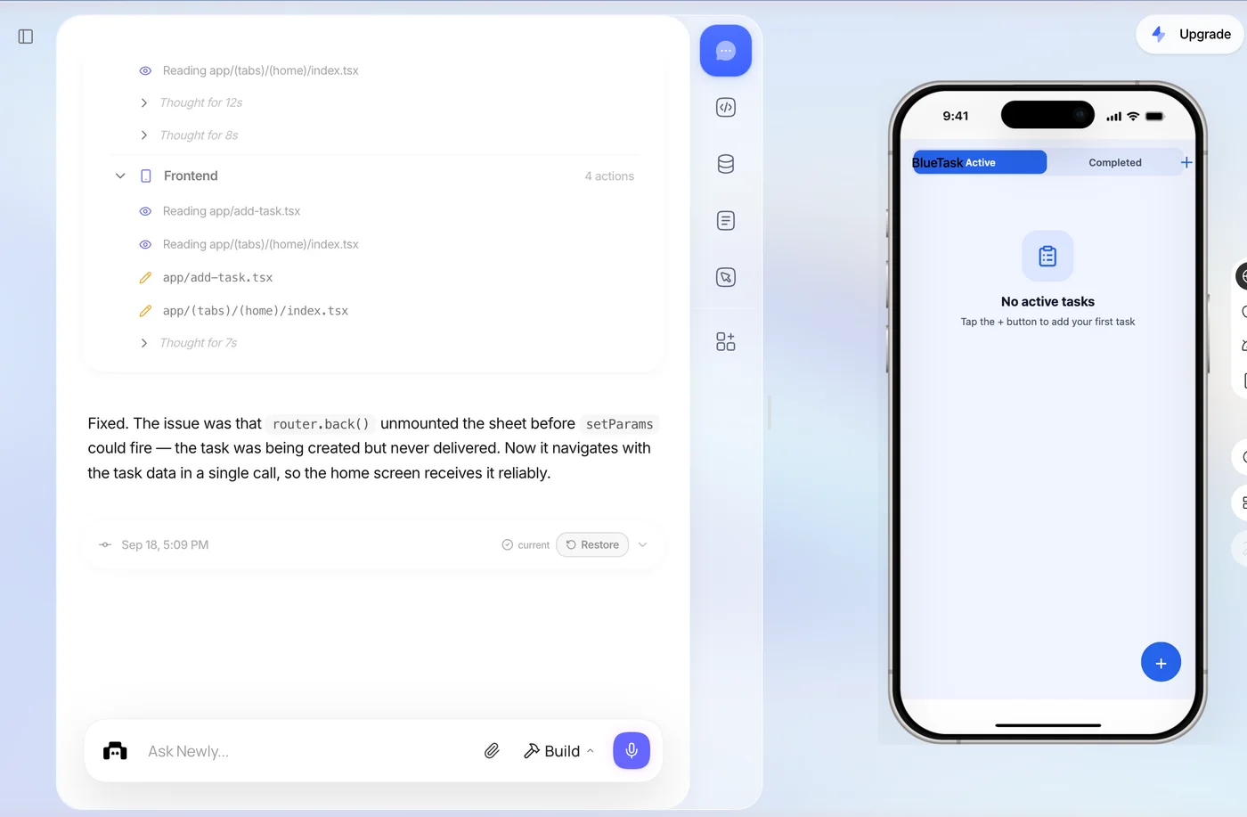 The Newly chat after the correction: Frontend read and edited app/add-task.tsx and app/(tabs)/(home)/index.tsx, with the explanation that router.back() unmounted the sheet before setParams could fire