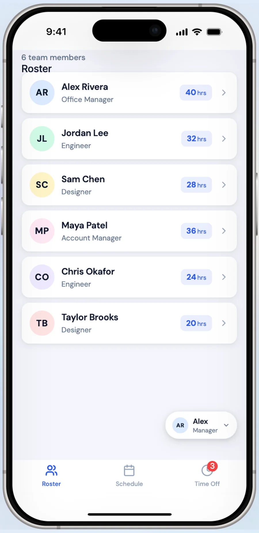 The same roster after the correction: Alex Rivera as Office Manager, Jordan Lee and Chris Okafor as Engineers, Sam Chen and Taylor Brooks as Designers, Maya Patel as Account Manager