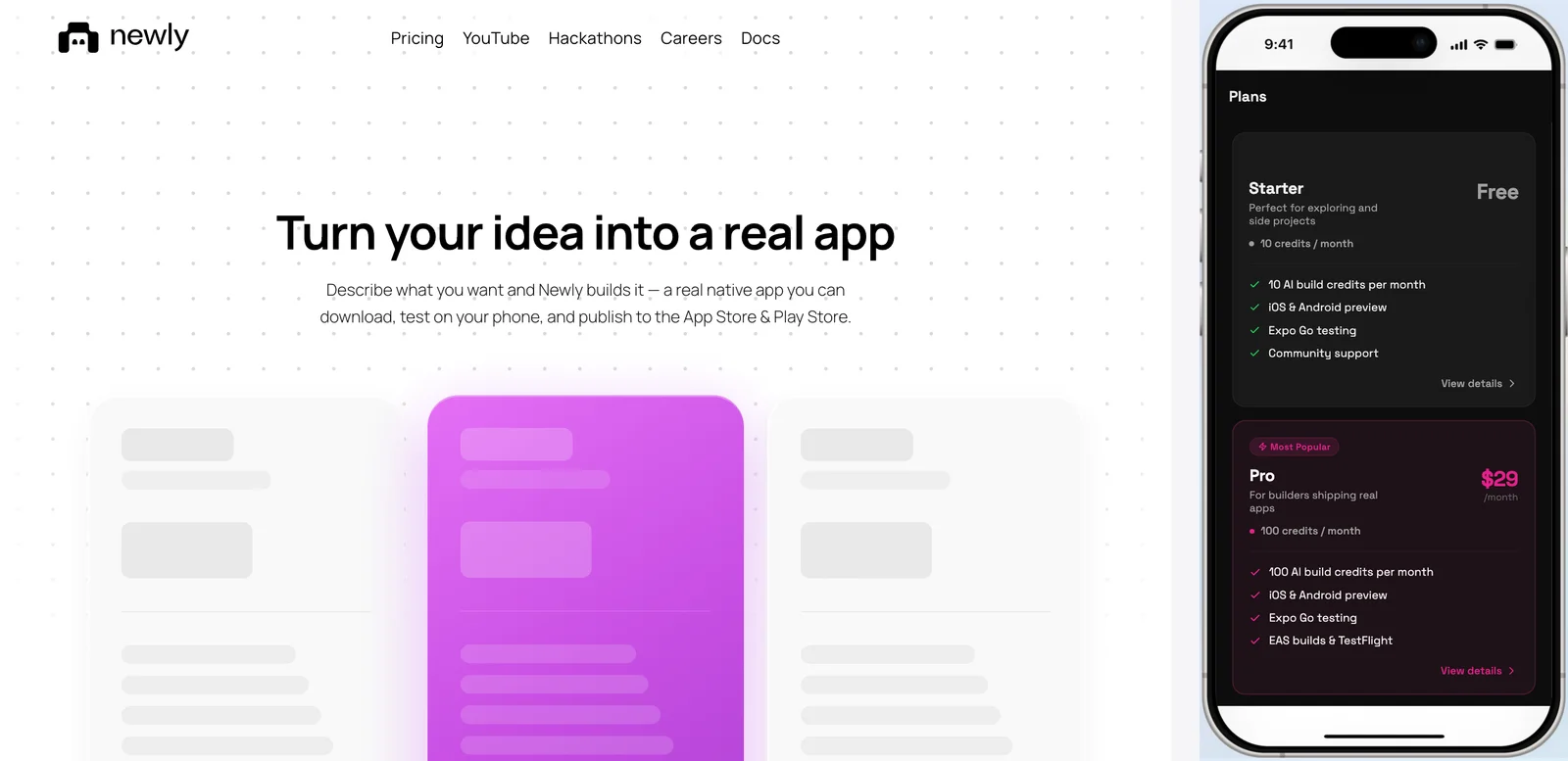 The newly.app pricing page in a browser on the left, and on the right a phone preview of a native Plans screen built from it, dark theme with a magenta accent, showing Starter and Pro cards
