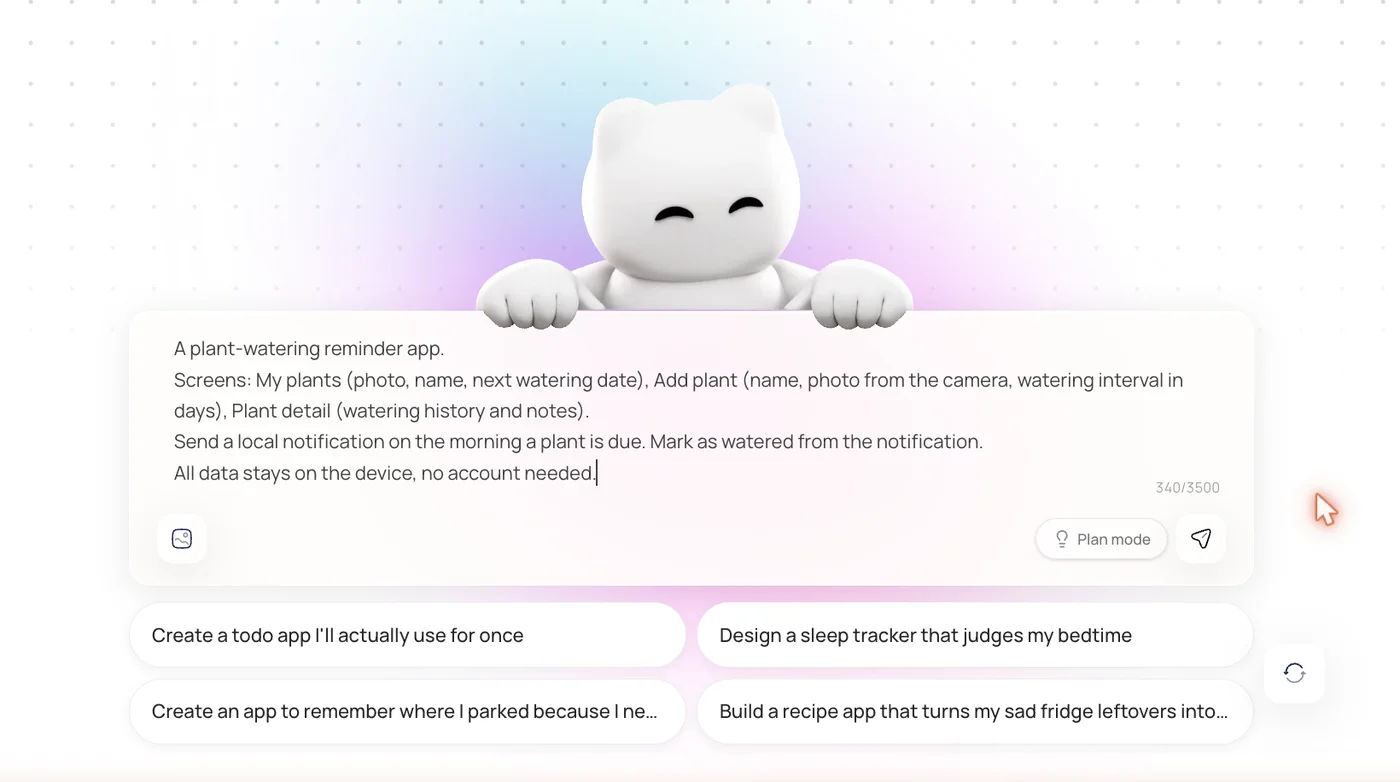 The newly.app prompt box with a plant-watering reminder app described in four lines, before sending