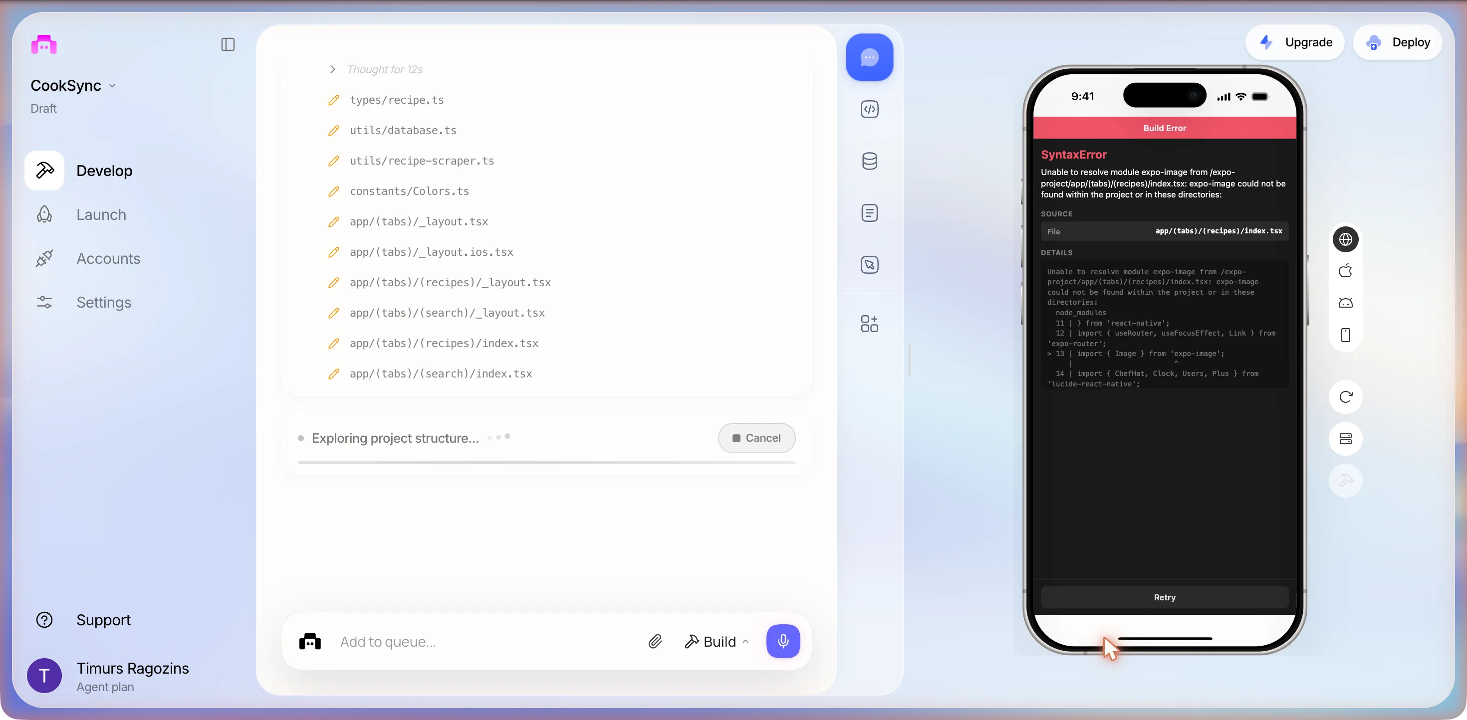 The phone preview showing a red Build Error bar, SyntaxError, and the text Unable to resolve module expo-image from /expo-project/app/(tabs)/(recipes)/index.tsx, with a SOURCE file line, a DETAILS code excerpt and a Retry button, while the chat column lists files being written
