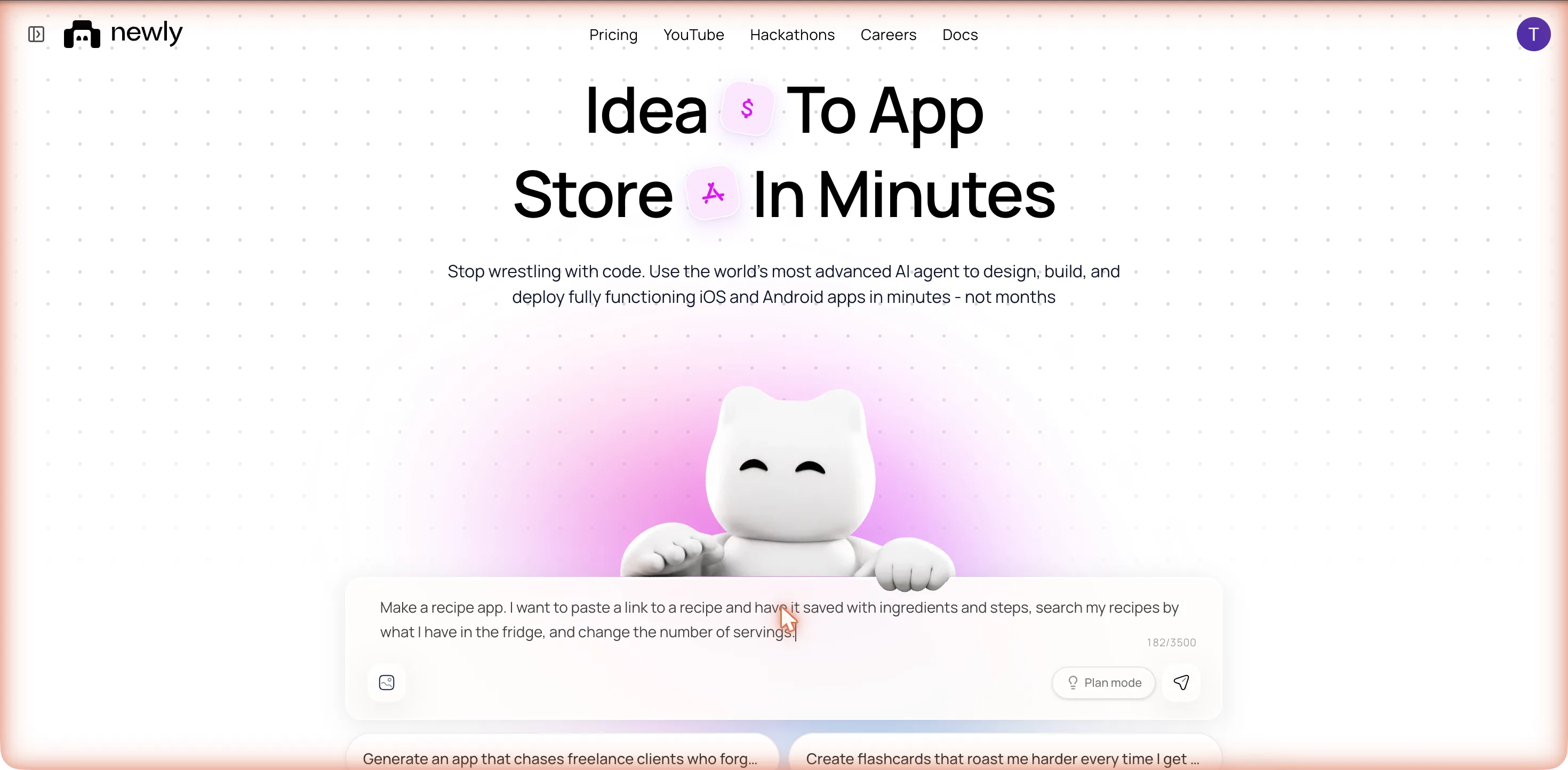 The home page with the recipe app prompt typed into the prompt box, the counter reading 182/3500, a Plan mode toggle and a paper-plane send button