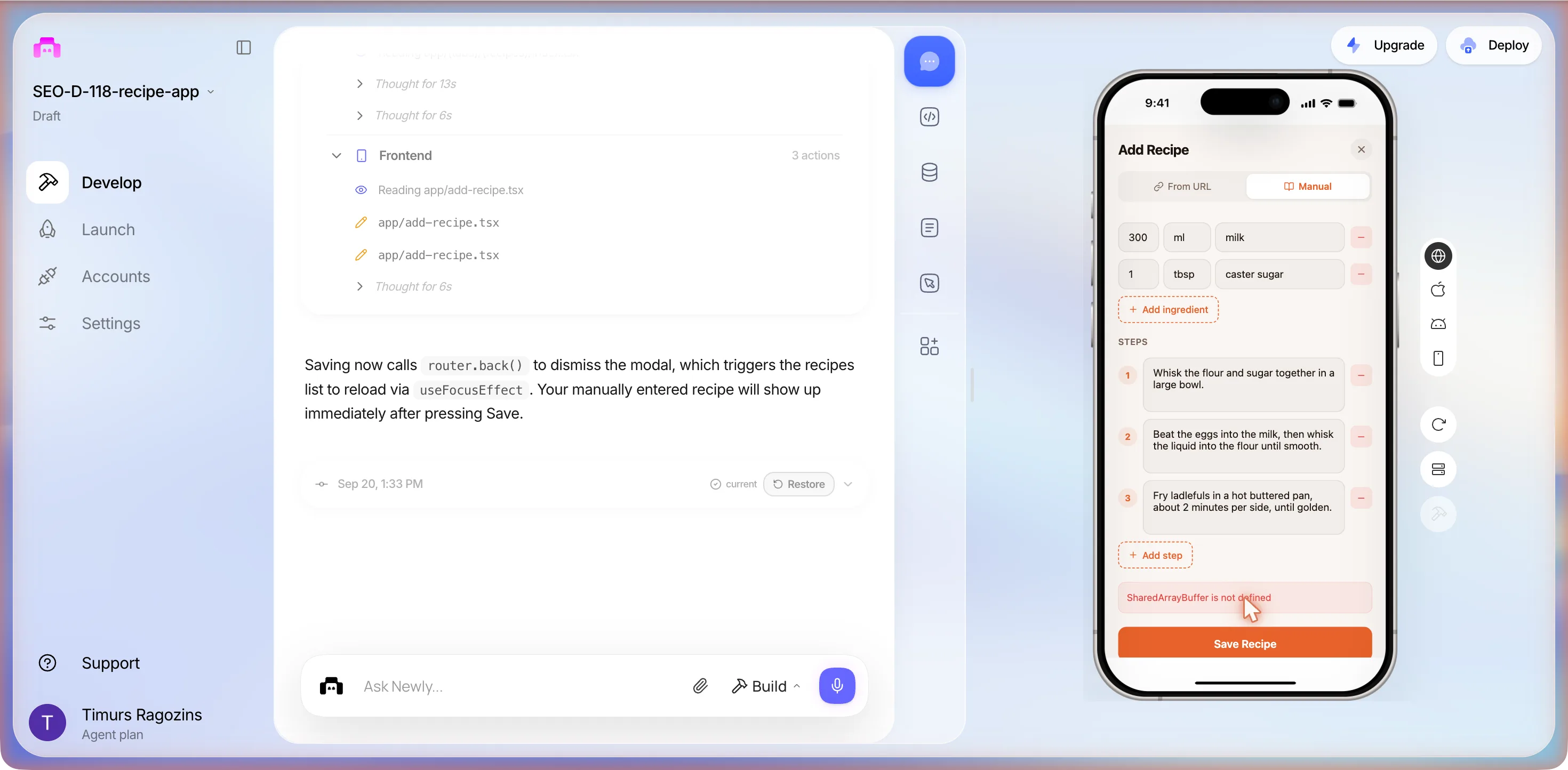 The Add Recipe sheet on the Manual tab with the recipe typed in, a pink error box reading SharedArrayBuffer is not defined above the orange Save Recipe button, and the chat column ending with the text about router.back() and useFocusEffect, timestamped Sep 20, 1:33 PM