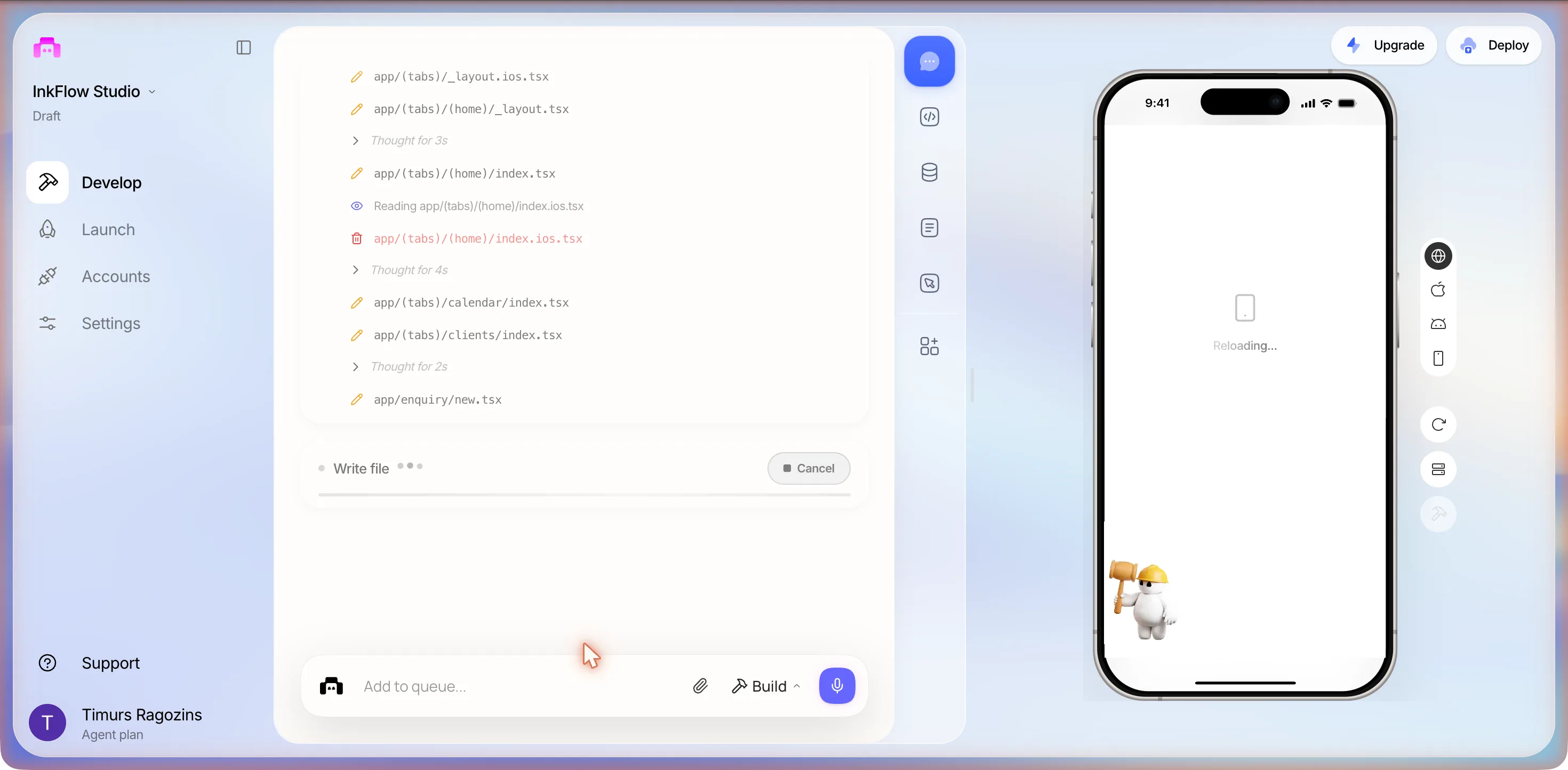 The project page mid-build: the Frontend section writing app/(tabs)/(home)/index.tsx, reading and then deleting app/(tabs)/(home)/index.ios.tsx shown in red with a bin icon, writing app/(tabs)/calendar/index.tsx, app/(tabs)/clients/index.tsx and app/enquiry/new.tsx, a Write file status row with a Cancel button, and a white phone preview showing a phone glyph over the word Reloading with the Newly mascot holding a hammer in the corner