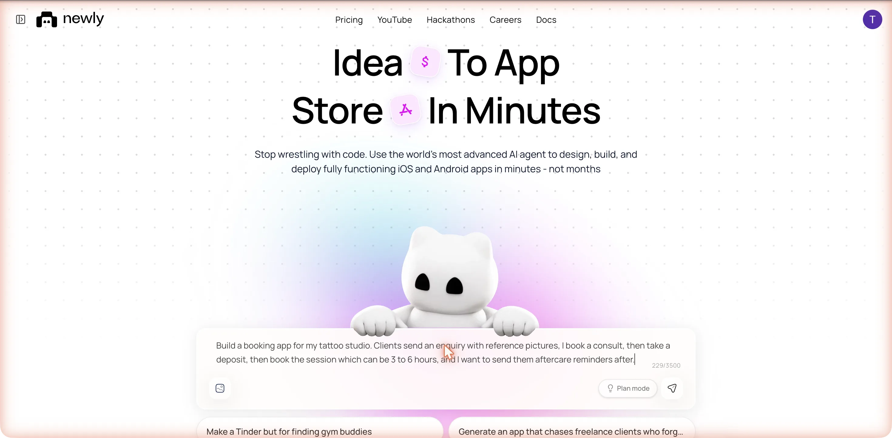The newly.app home page with the tattoo studio booking brief typed into the prompt box, a 229/3500 counter, an image attach button, a Plan mode button and a send button