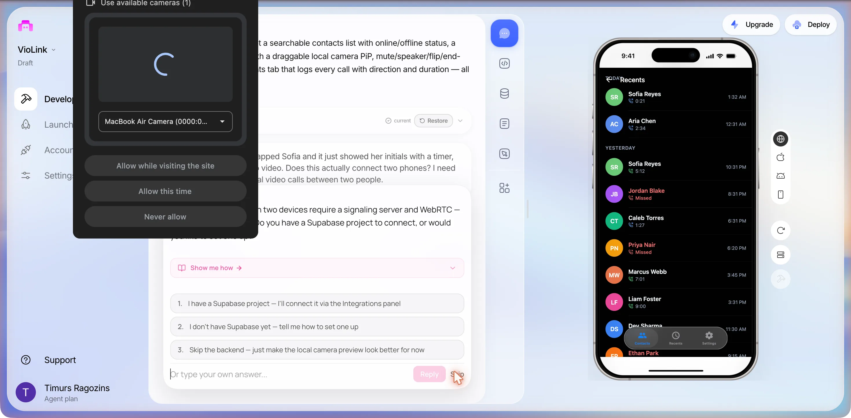 The NEWLY ASKS card in the classic builder: a question about real video calls between two devices needing a signaling server and WebRTC, a Show me how drawer, three numbered options about connecting Supabase, setting one up or skipping the backend, an Or type your own answer field, Reply and Skip; the phone preview shows the Recents tab and a Chrome dialog in the top left lists MacBook Air Camera