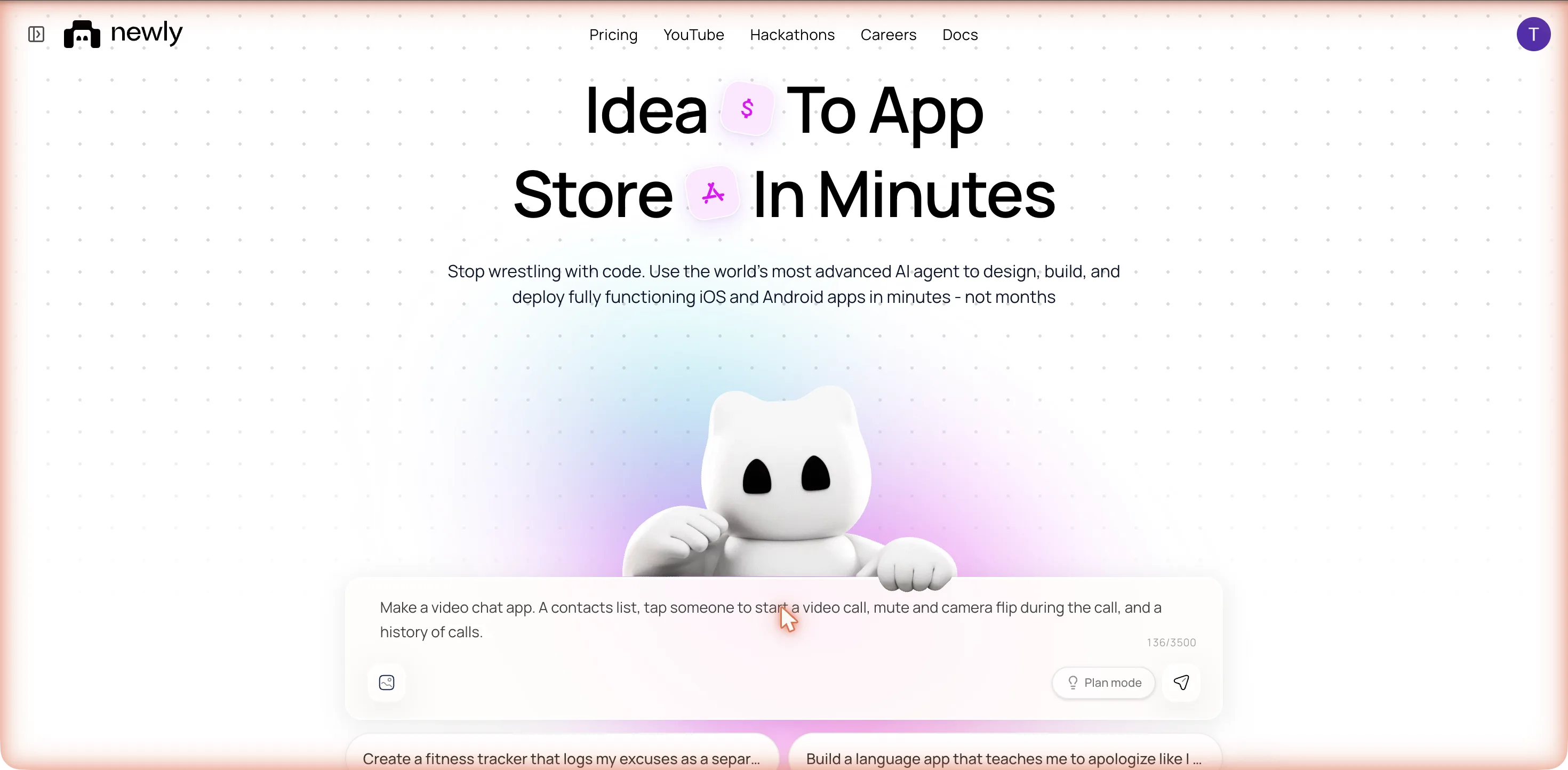 The newly.app home page with the video chat app prompt typed into the prompt box, the counter reading 136/3500, a Plan mode button and a paper-plane send button