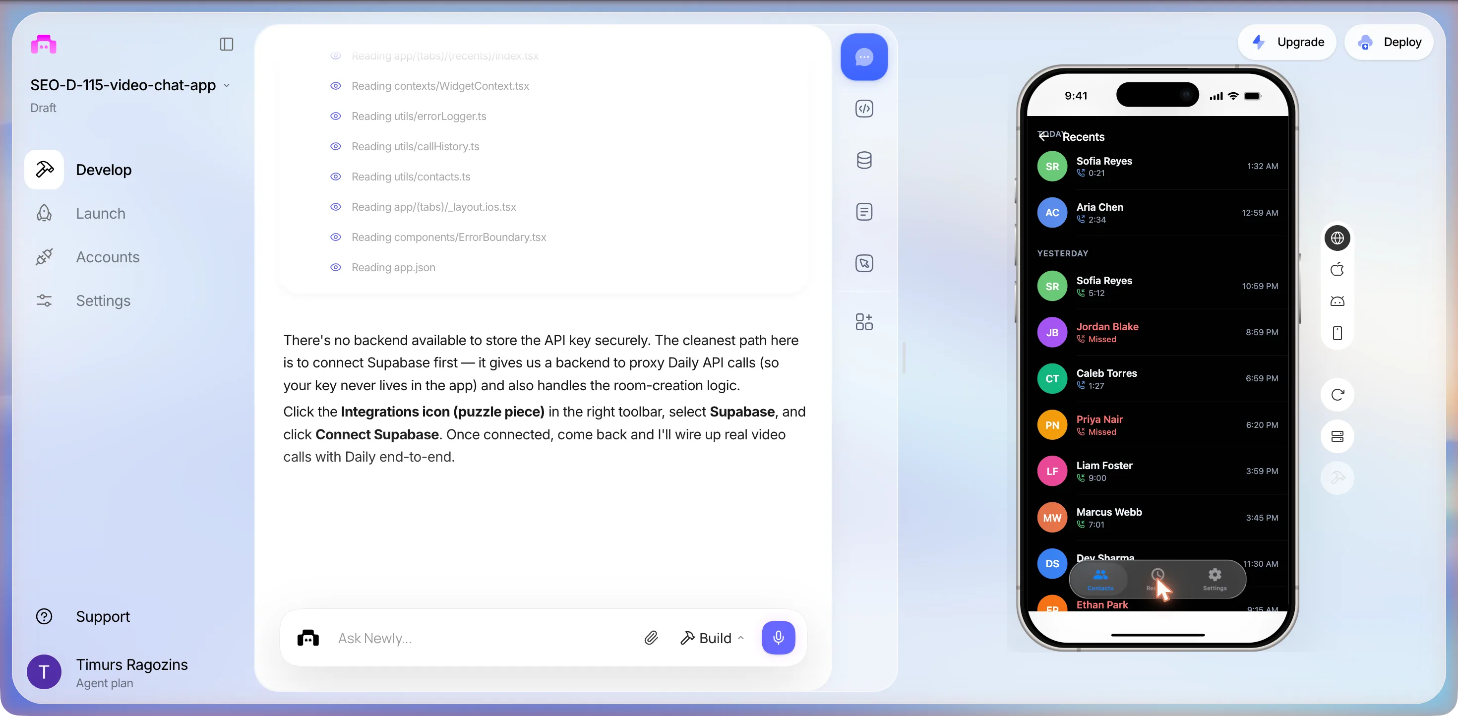 The Recents tab in the phone preview: under TODAY, Sofia Reyes 0:21 at 1:32 AM and Aria Chen 2:34 at 12:59 AM; under YESTERDAY, Sofia Reyes 5:12, Jordan Blake Missed in red, Caleb Torres 1:27, Priya Nair Missed, Liam Foster 9:00, Marcus Webb 7:01 and Dev Sharma; the project header reads SEO-D-115-video-chat-app