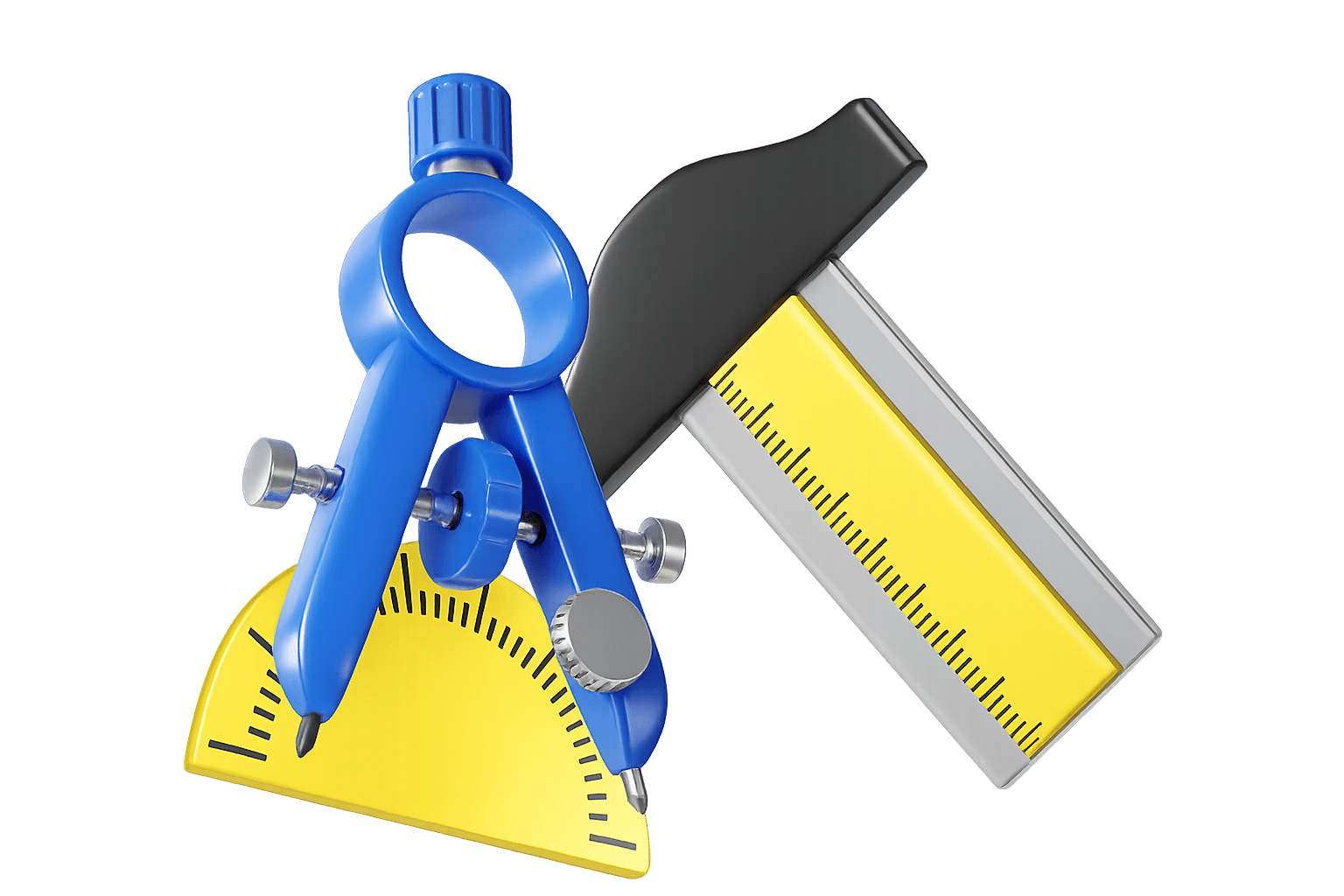 3D illustration of measurement tools — a compass, ruler, and protractor — representing pixel measurement