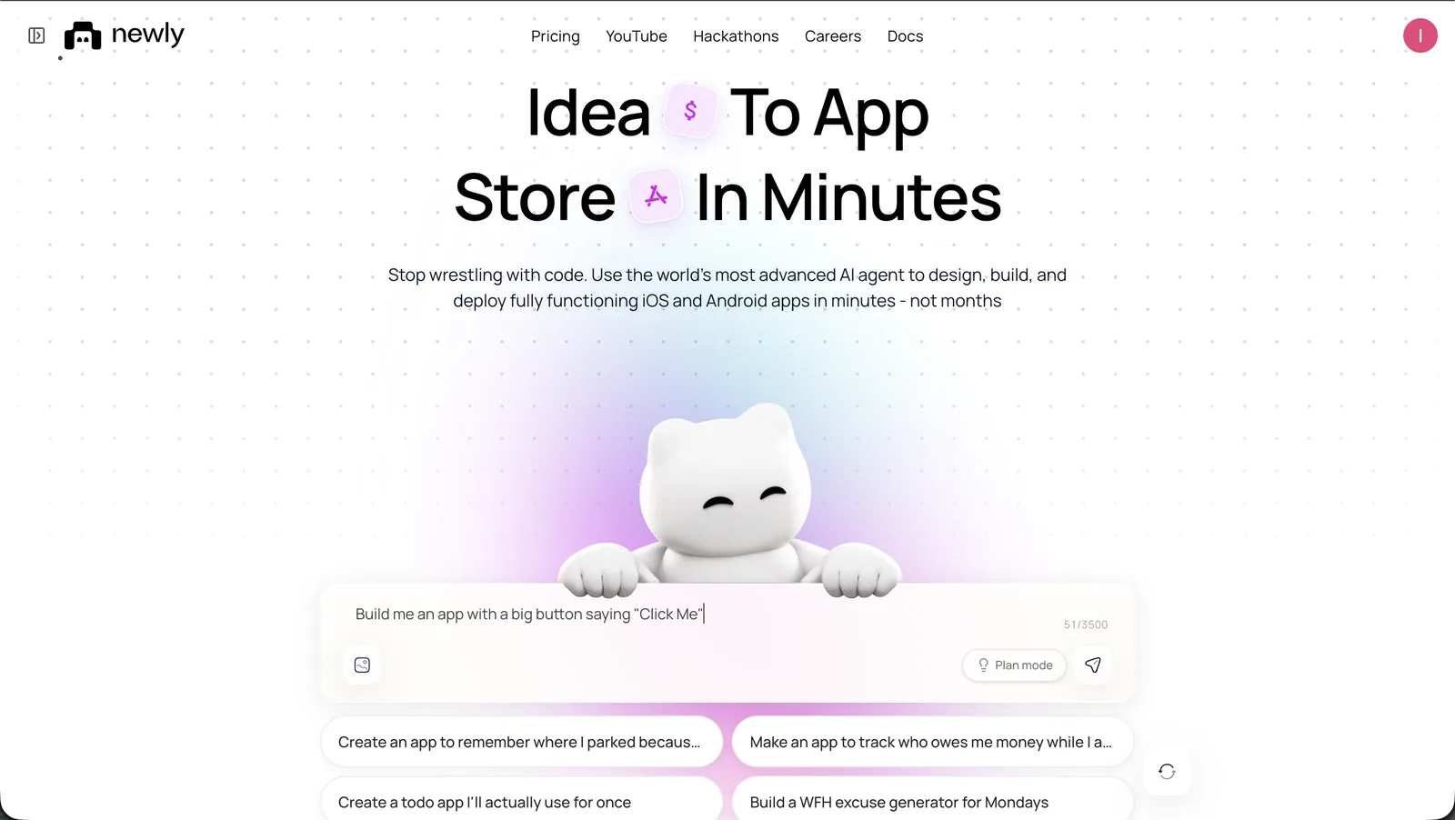 Creating an app in Newly by typing a prompt on the homepage