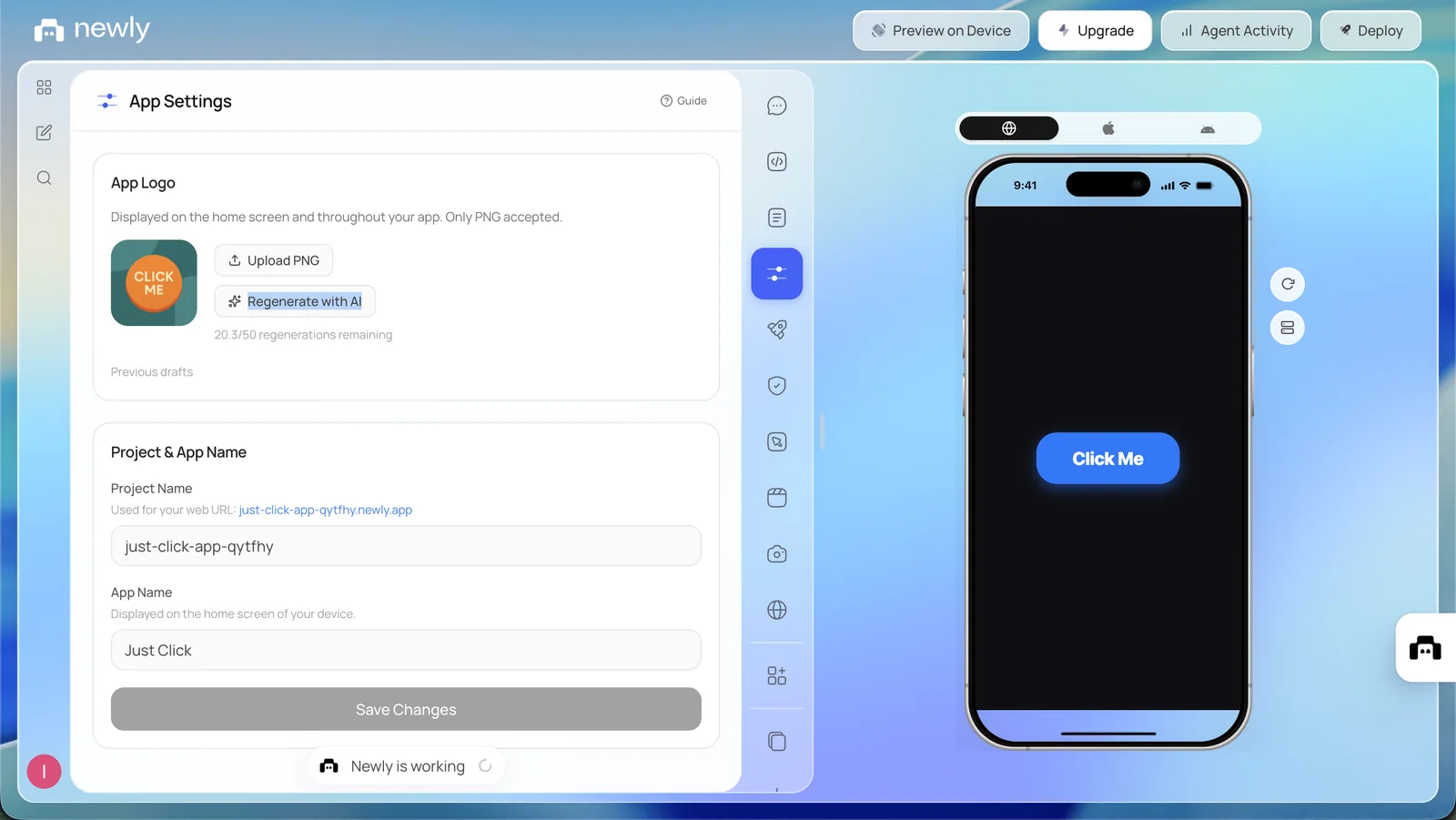Newly App Settings panel, App Logo section with Upload PNG and Regenerate with AI