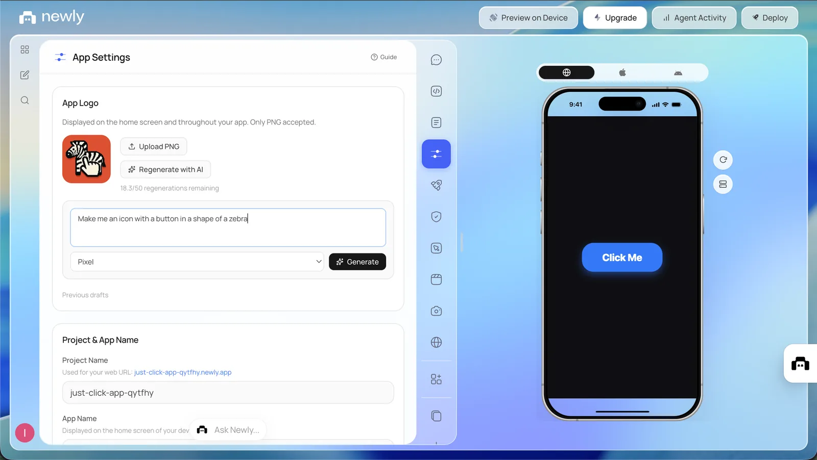 Generating an app icon in Newly with a prompt, a style dropdown, and the Generate button